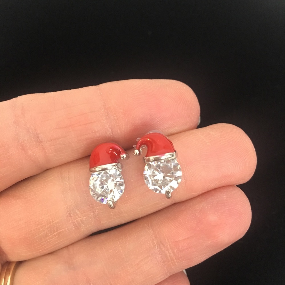 Santa Hat Christmas Earrings Rhinestone Silver - Picture 2 of 2